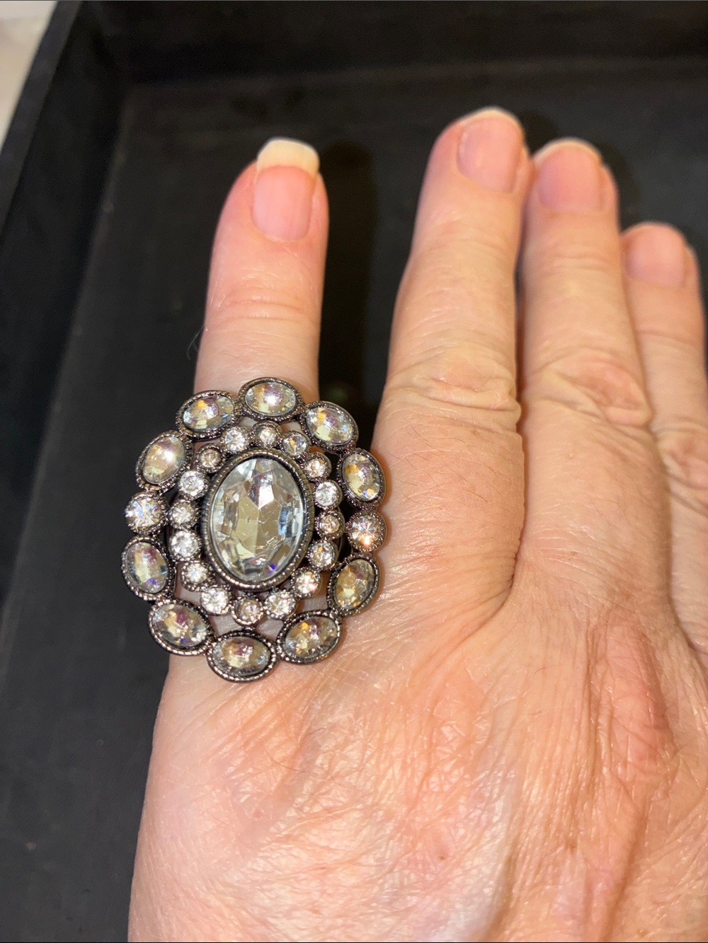 Vintage-Inspired Clear Crystal Oval Cluster Ring in Silver
